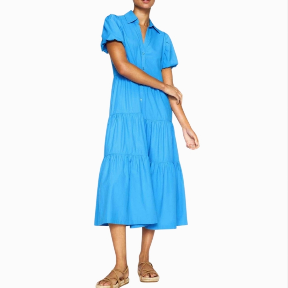 Brochu Walker Vivid Sky Blue Midi Sundress with Notched Collar and Short Sleeves - Picture 2 of 12